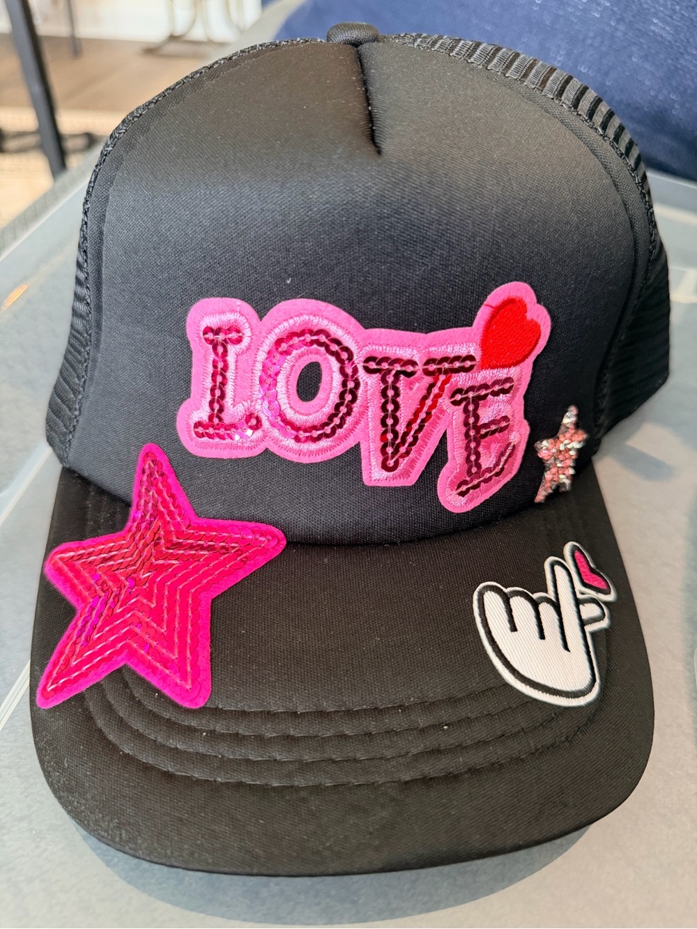 Black Cap with Pink LOVE & Star Patches